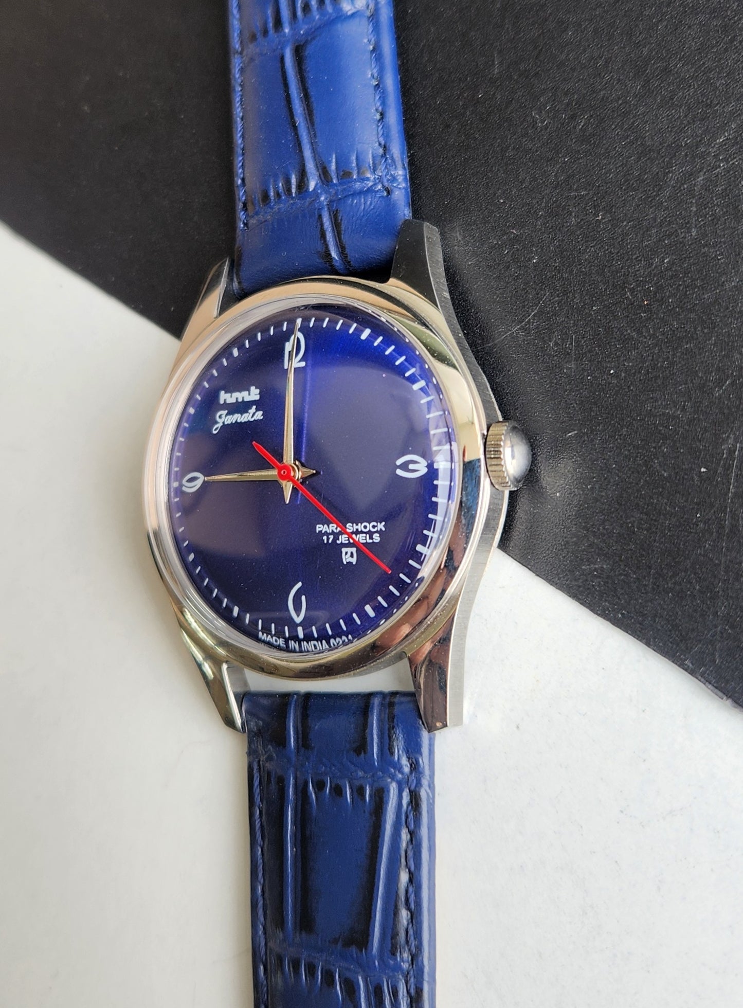 Vintage MOD HMT Janata Hand Winding 17 Jewels Blue Face Blue Croco Leather Strap Men's Wrist Watch F83