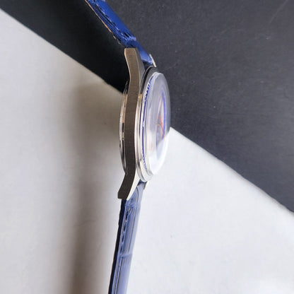 Vintage MOD HMT Janata Hand Winding 17 Jewels Blue Face Blue Croco Leather Strap Men's Wrist Watch F83