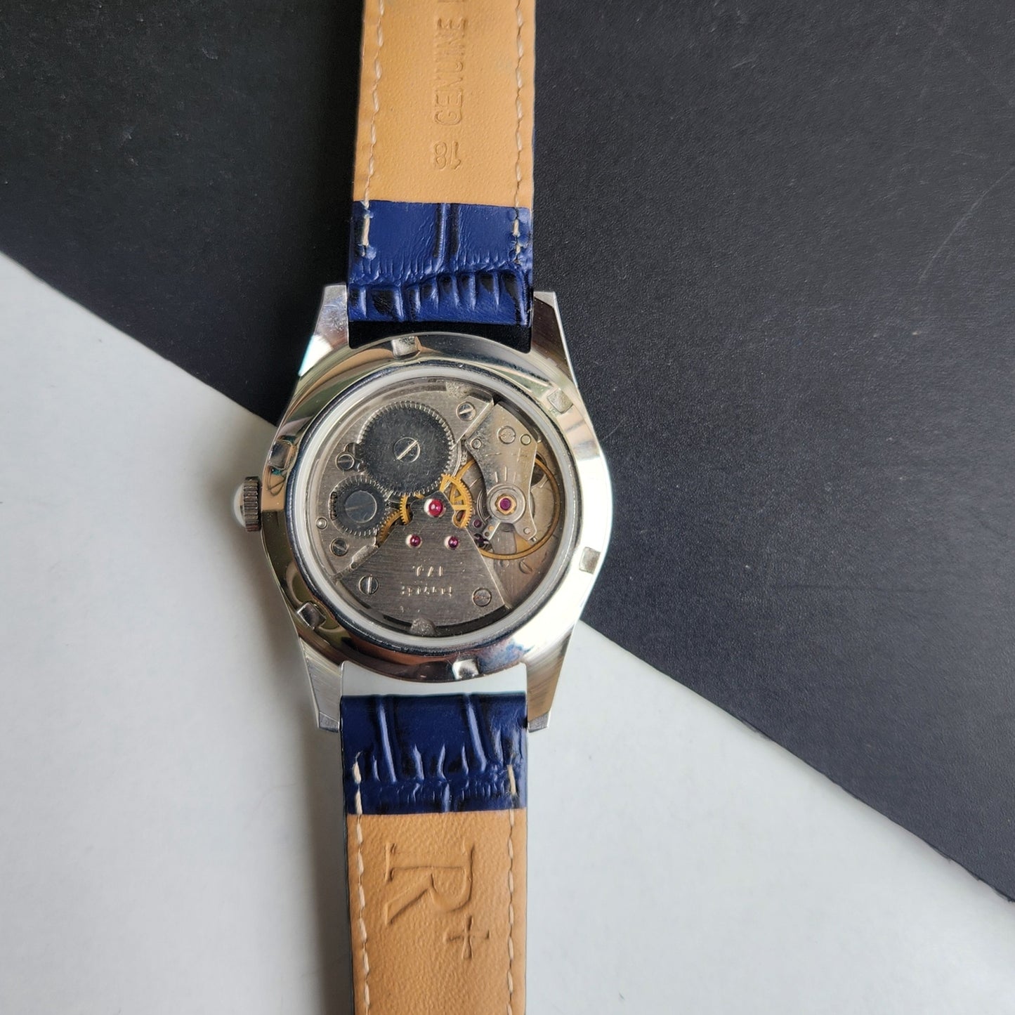 Vintage MOD HMT Janata Hand Winding 17 Jewels Blue Face Blue Croco Leather Strap Men's Wrist Watch F83