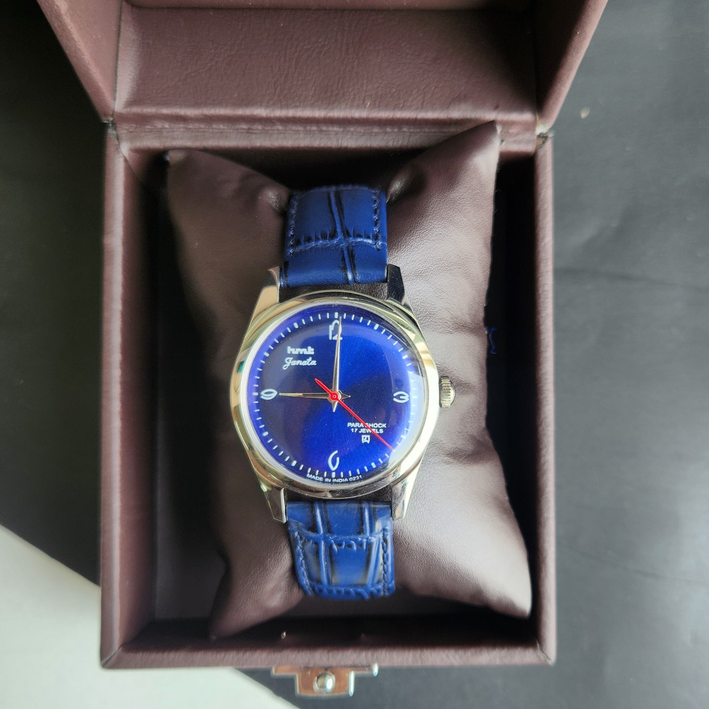 Vintage MOD HMT Janata Hand Winding 17 Jewels Blue Face Blue Croco Leather Strap Men's Wrist Watch F83
