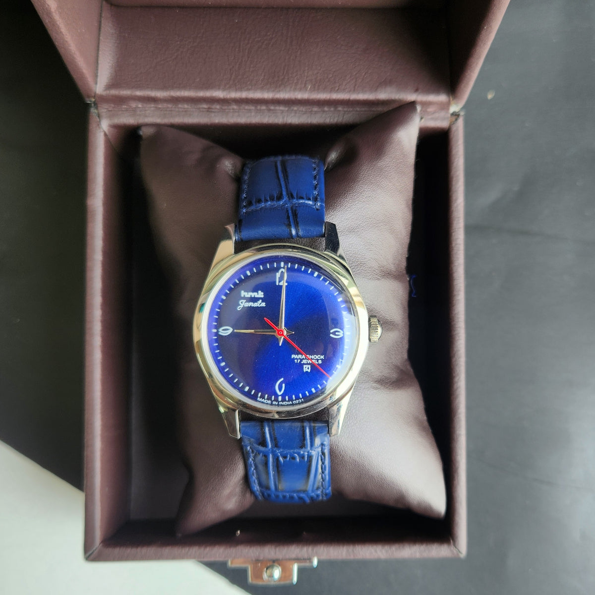 Vintage MOD HMT Janata Hand Winding 17 Jewels Blue Face Blue Croco Leather Strap Men's Wrist Watch F83