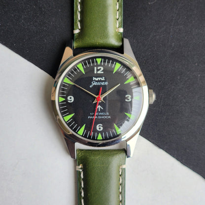 Vintage HMT Jawan Hand Winding 17 Jewels Black Face Green Leather Strap Men's Wrist Watch F84