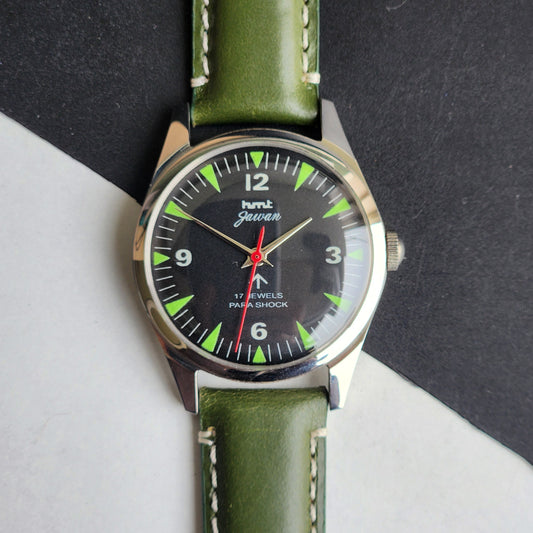 Vintage HMT Jawan Hand Winding 17 Jewels Black Face Green Leather Strap Men's Wrist Watch F84
