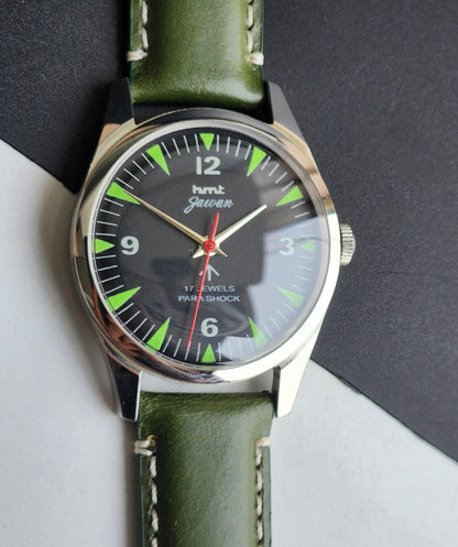Vintage HMT Jawan Hand Winding 17 Jewels Black Face Green Leather Strap Men's Wrist Watch F84