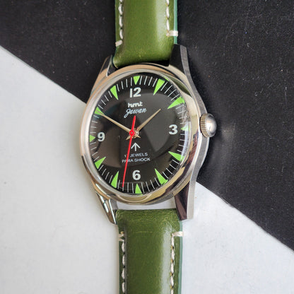 Vintage HMT Jawan Hand Winding 17 Jewels Black Face Green Leather Strap Men's Wrist Watch F84