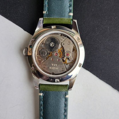 Vintage HMT Jawan Hand Winding 17 Jewels Black Face Green Leather Strap Men's Wrist Watch F84