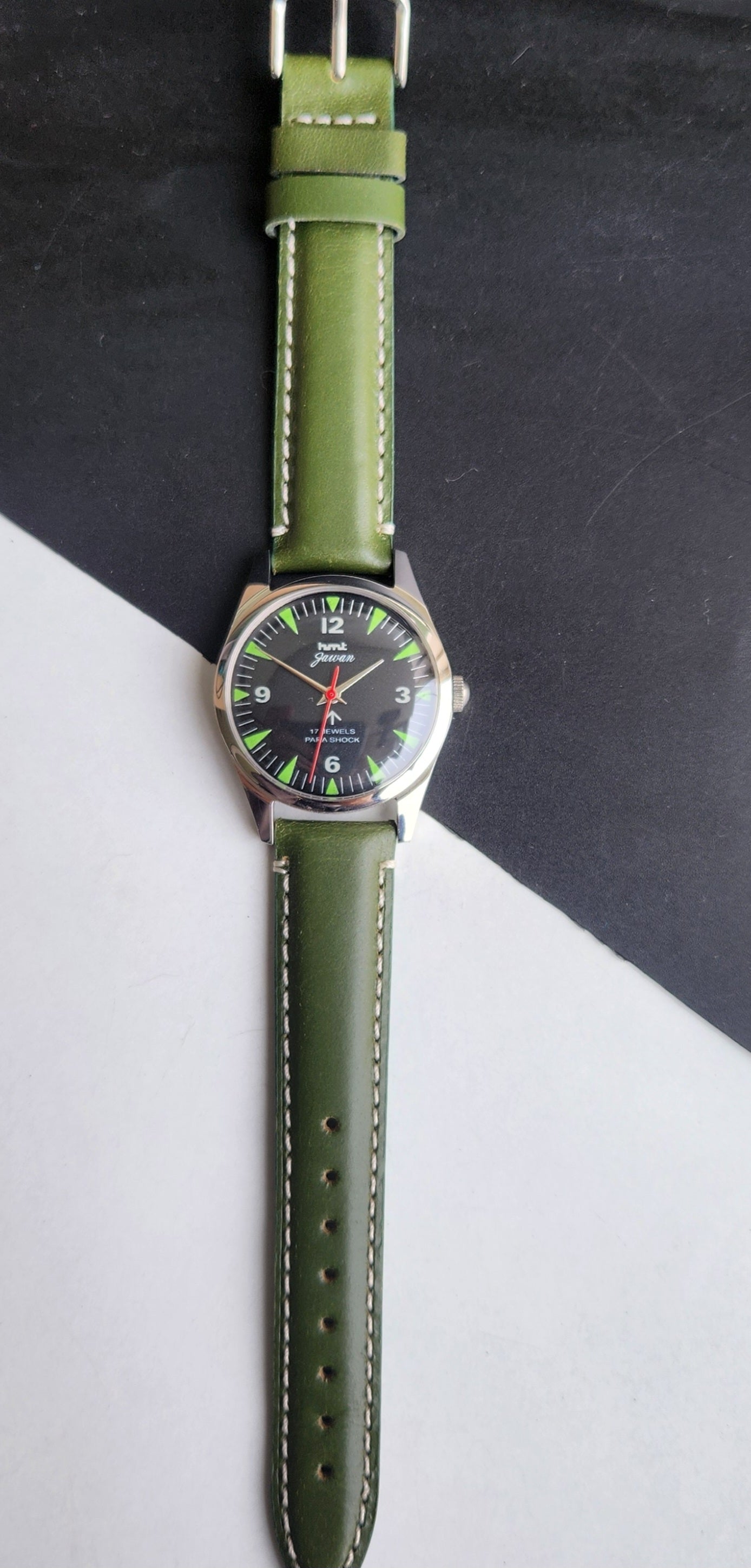 Vintage HMT Jawan Hand Winding 17 Jewels Black Face Green Leather Strap Men's Wrist Watch F84