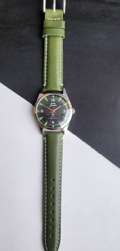 Vintage HMT Jawan Hand Winding 17 Jewels Black Face Green Leather Strap Men's Wrist Watch F84