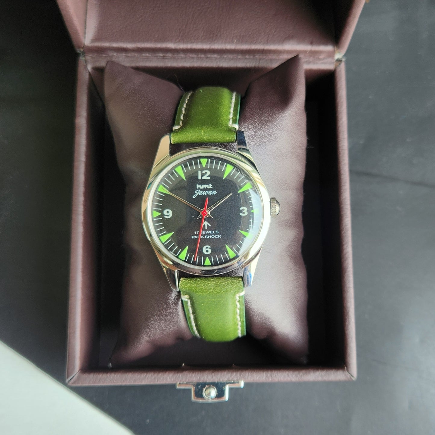 Vintage HMT Jawan Hand Winding 17 Jewels Black Face Green Leather Strap Men's Wrist Watch F84