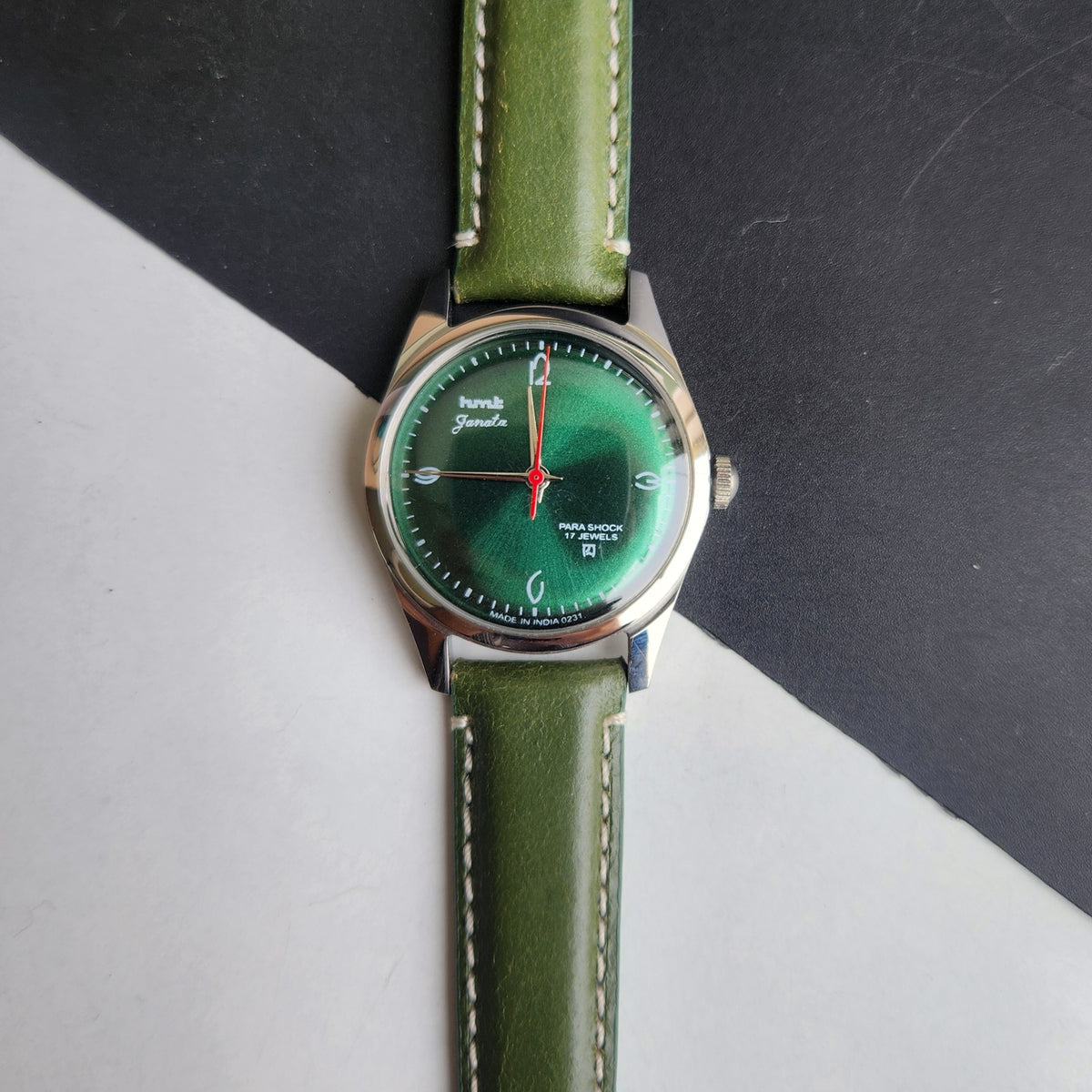 Vintage MOD HMT Janata Hand Winding 17 Jewels Green Face Green Leather Strap Men's Wrist Watch F85