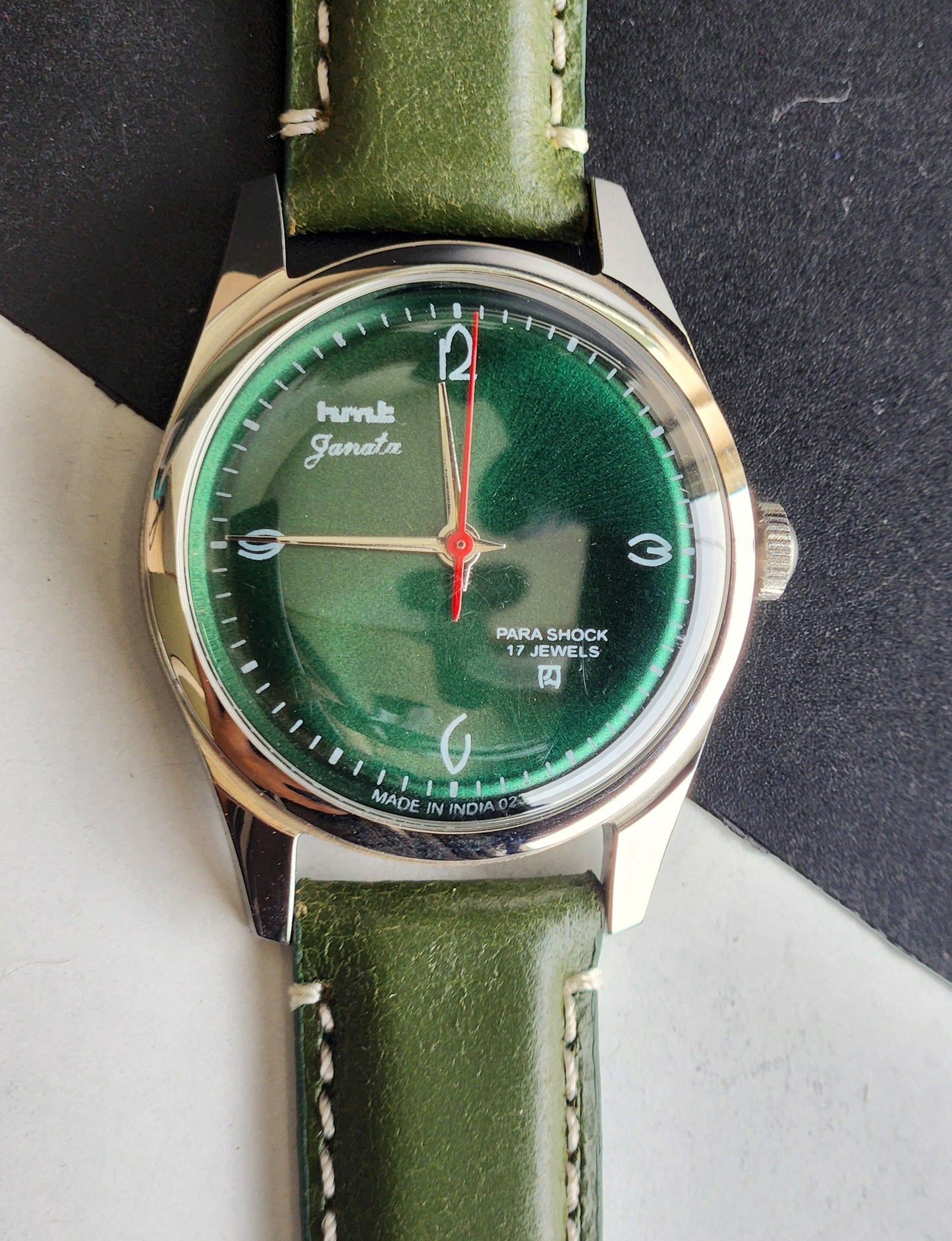 Vintage MOD HMT Janata Hand Winding 17 Jewels Green Face Green Leather Strap Men's Wrist Watch F85