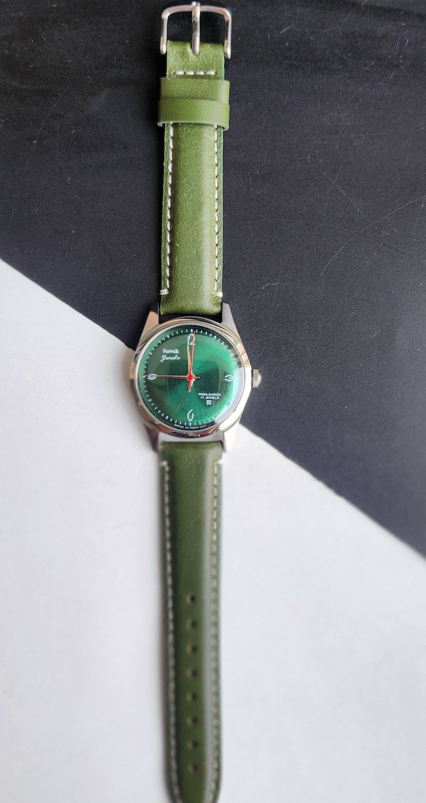 Vintage MOD HMT Janata Hand Winding 17 Jewels Green Face Green Leather Strap Men's Wrist Watch F85