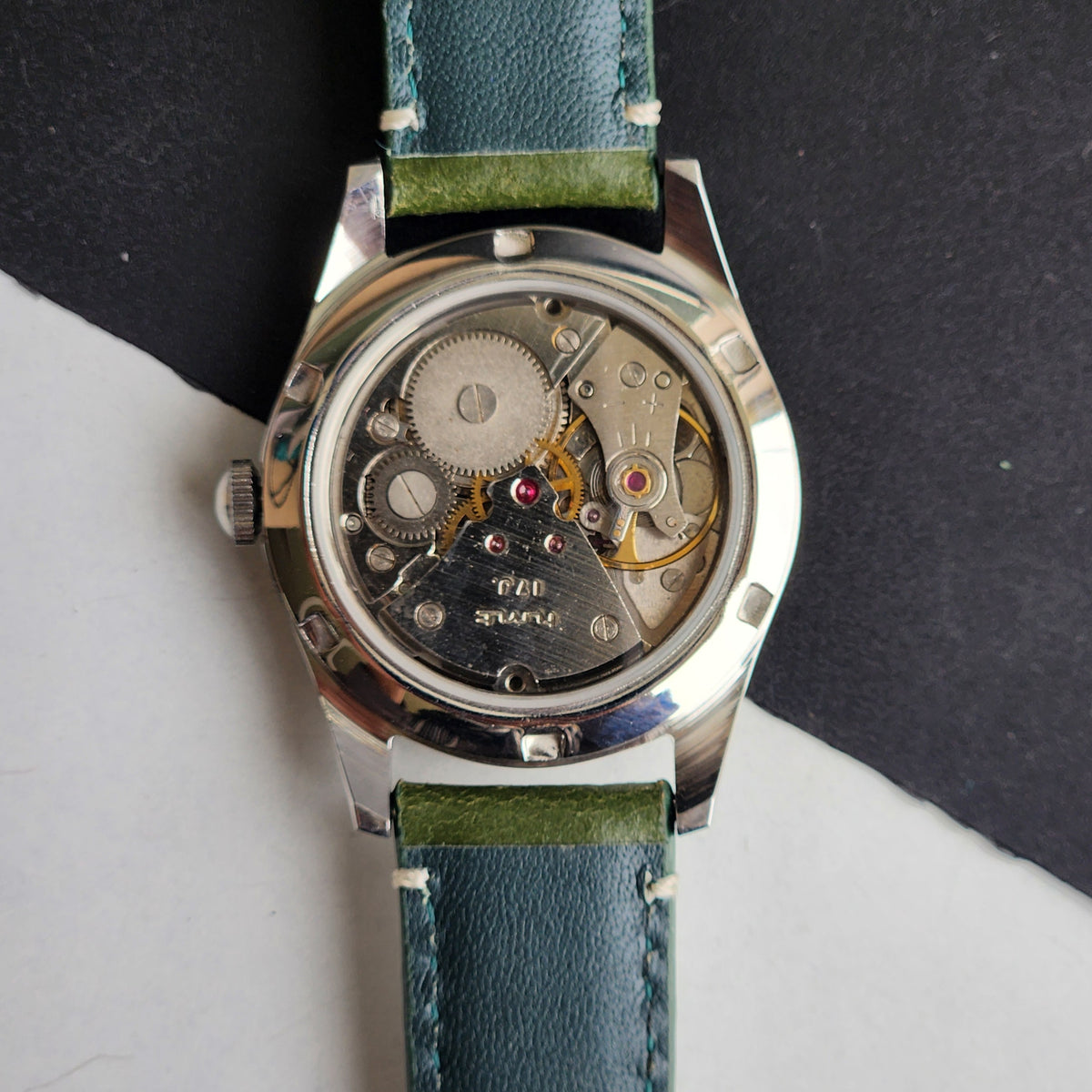 Vintage MOD HMT Janata Hand Winding 17 Jewels Green Face Green Leather Strap Men's Wrist Watch F85