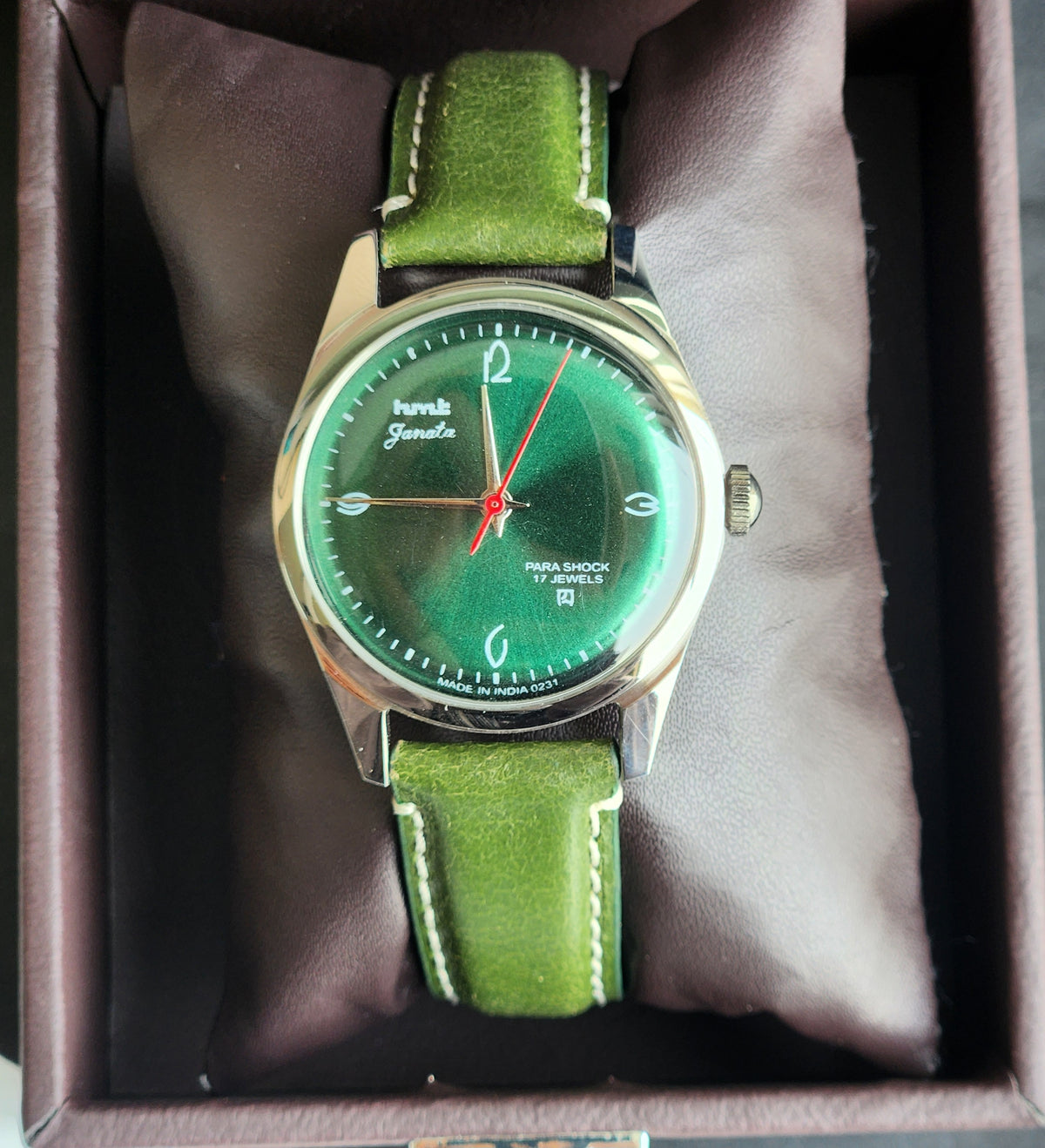 Vintage MOD HMT Janata Hand Winding 17 Jewels Green Face Green Leather Strap Men's Wrist Watch F85