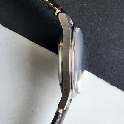 Vintage HMT Janata Devanagari Hand Winding 17 Jewels Purple Face Brown Croco Leather Strap Men's Wrist Watch F86