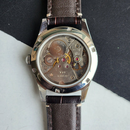 Vintage HMT Janata Devanagari Hand Winding 17 Jewels Purple Face Brown Croco Leather Strap Men's Wrist Watch F86