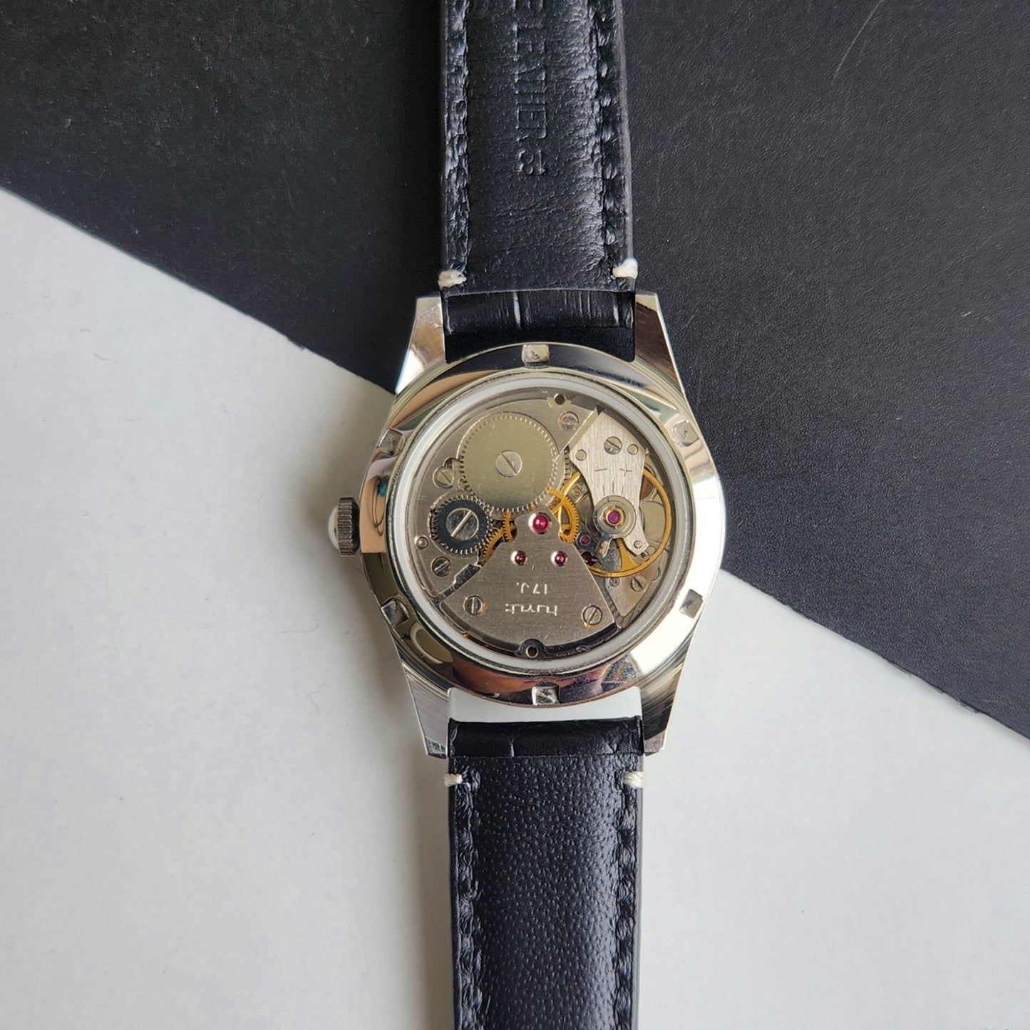 Vintage HMT Janata Devanagari Hand Winding 17 Jewels White Face Black Croco Leather Strap Men's Wrist Watch F88