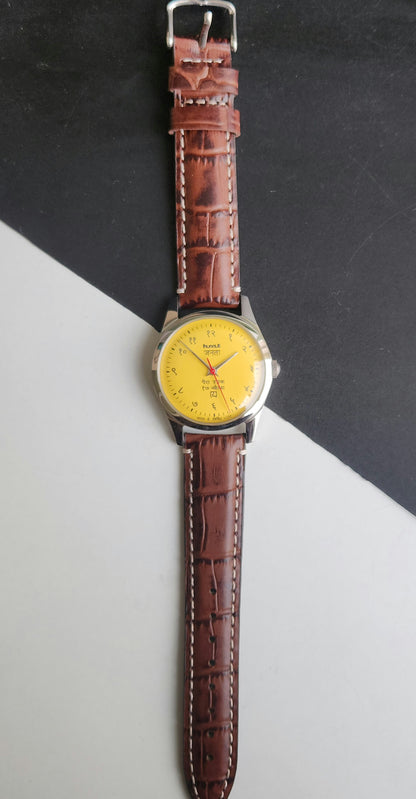 Vintage HMT Janata Devanagari Hand Winding 17 Jewels Yellow Face Brown Croco Leather Strap Men's Wrist Watch F89