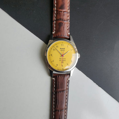 Vintage HMT Janata Devanagari Hand Winding 17 Jewels Yellow Face Brown Croco Leather Strap Men's Wrist Watch F89