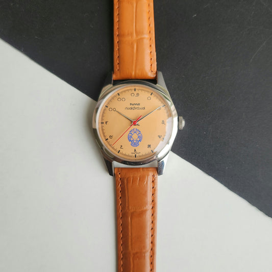 Vintage HMT Gandaberunda Hand Winding 17 Jewels Orange Face Brown Croco Leather Strap Men's Wrist Watch F90