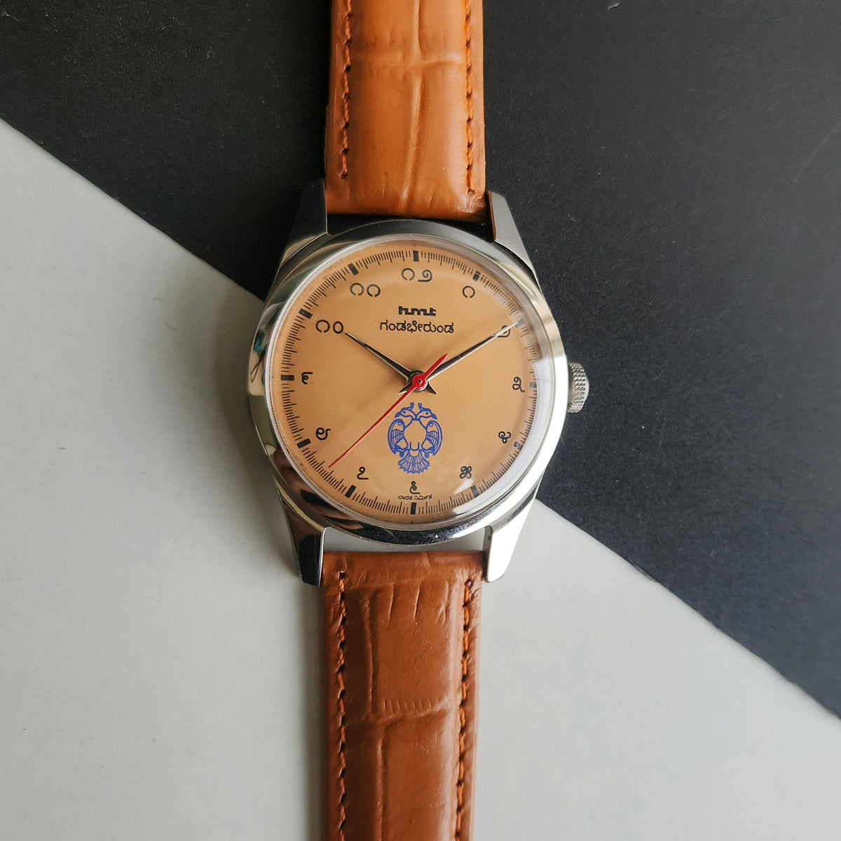 Vintage MOD HMT Gandaberunda Hand Winding 17 Jewels Orange Face Brown Croco Leather Strap Men's Wrist Watch F90