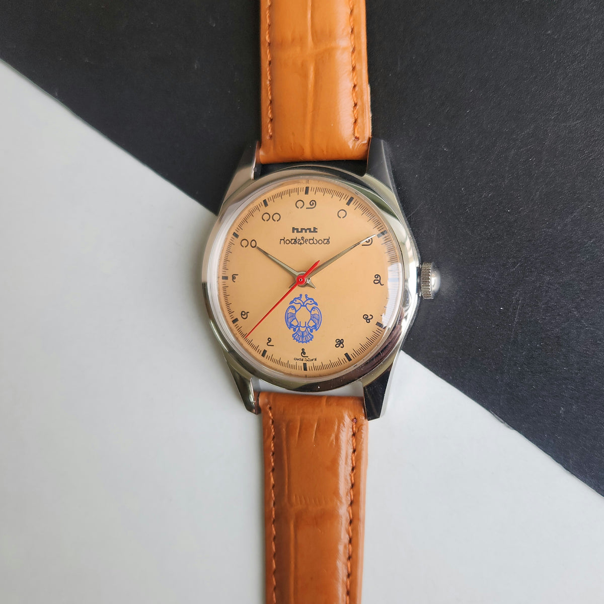 Vintage MOD HMT Gandaberunda Hand Winding 17 Jewels Orange Face Brown Croco Leather Strap Men's Wrist Watch F90