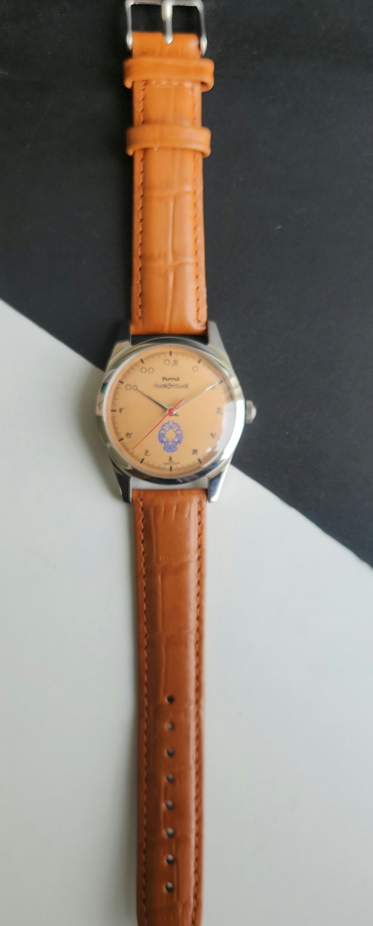 Vintage MOD HMT Gandaberunda Hand Winding 17 Jewels Orange Face Brown Croco Leather Strap Men's Wrist Watch F90