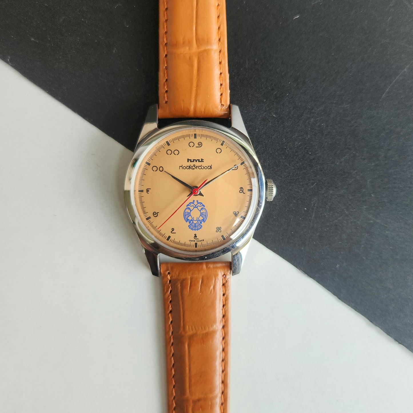 Vintage HMT Gandaberunda Hand Winding 17 Jewels Orange Face Brown Croco Leather Strap Men's Wrist Watch F90
