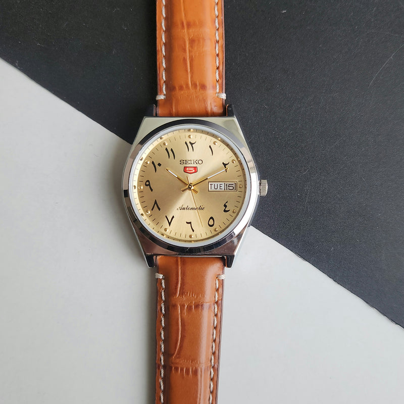Vintage Mod Seiko 5 Automatic Arabic Golden Face 6309A 17 Jewels Brown Croco Leather Strap Day-Date Men's Wrist Watch F93