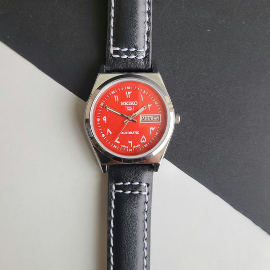 Vintage Mod Seiko 5 Automatic Arabic Red Face 6319A 21 Jewels Black Croco Leather Strap Day-Date Men's Wrist Watch F95
