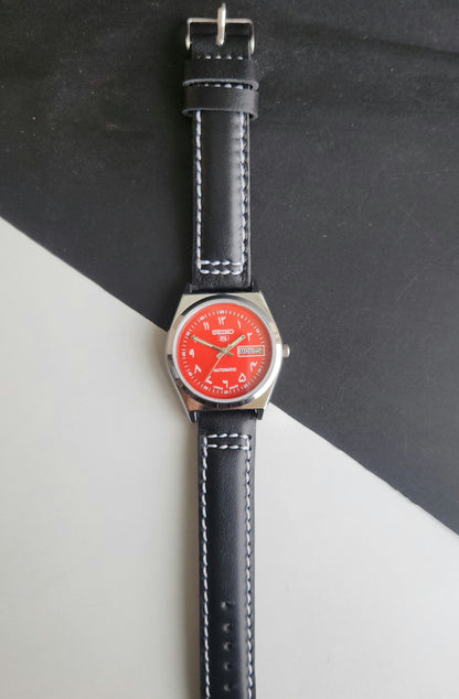 Vintage Mod Seiko 5 Automatic Arabic Red Face 6319A 21 Jewels Black Croco Leather Strap Day-Date Men's Wrist Watch F95