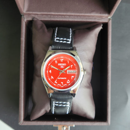 Vintage Mod Seiko 5 Automatic Arabic Red Face 6319A 21 Jewels Black Croco Leather Strap Day-Date Men's Wrist Watch F95