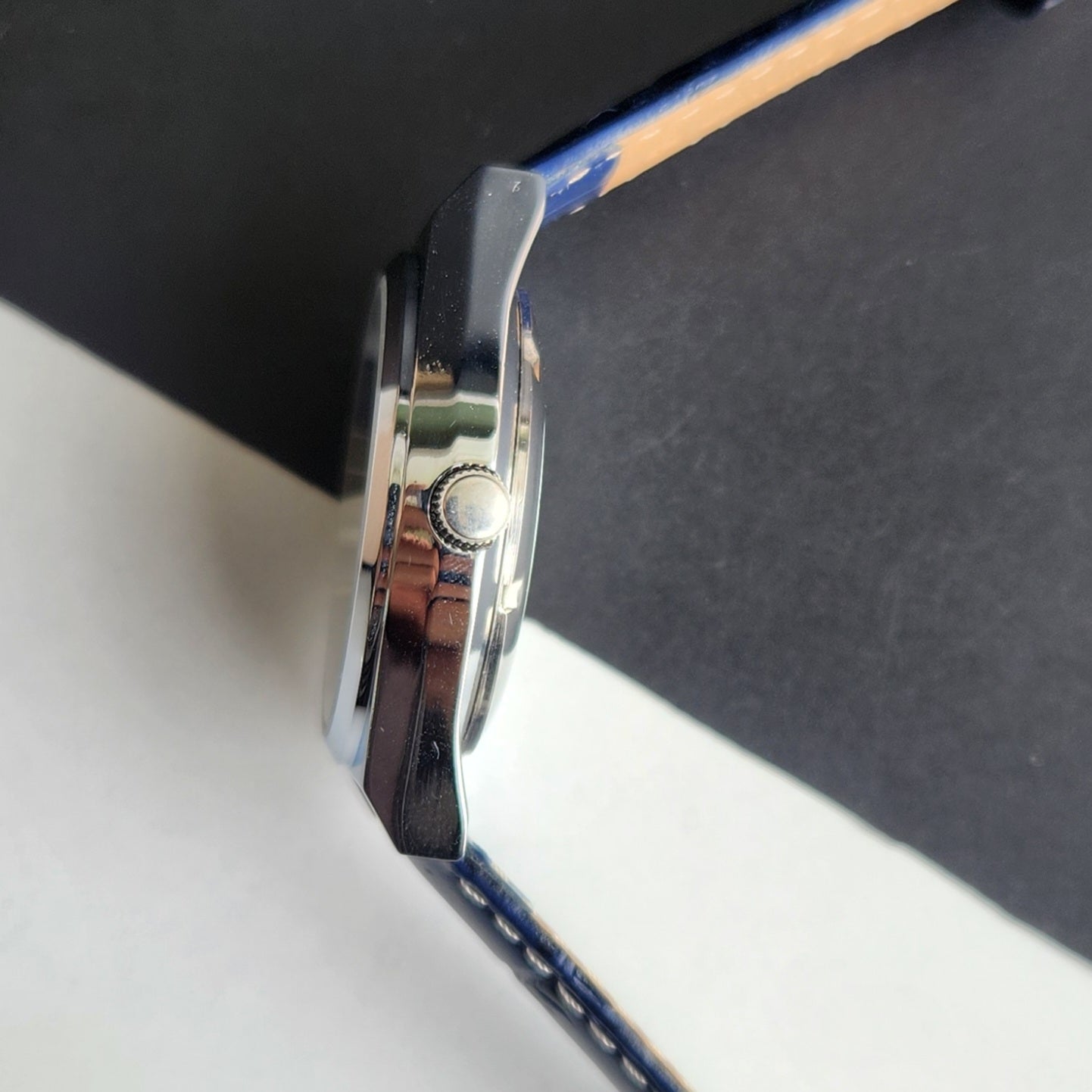 Vintage Mod Seiko 5 Automatic Arabic Blue Face 6309A 17 Jewels Blue Croco Leather Strap Day-Date Wrist Watch F91