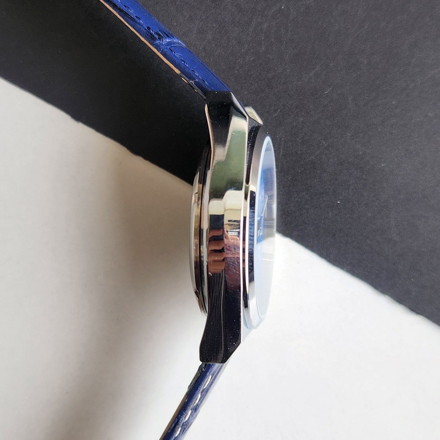 Vintage Mod Seiko 5 Automatic Arabic Blue Face 6309A 17 Jewels Blue Croco Leather Strap Day-Date Wrist Watch F91