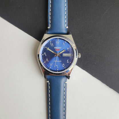 Vintage Mod Seiko 5 Automatic Arabic Blue Face 6309A 17 Jewels Blue Croco Leather Strap Day-Date Men's Wrist Watch F92