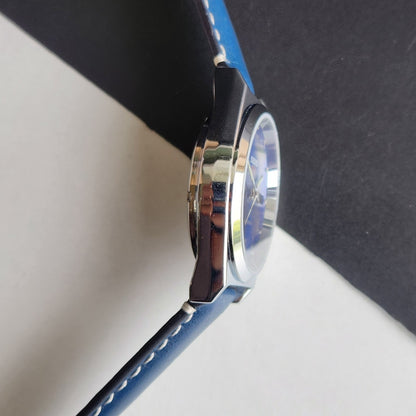 Vintage Mod Seiko 5 Automatic Arabic Blue Face 6309A 17 Jewels Blue Croco Leather Strap Day-Date Men's Wrist Watch F92