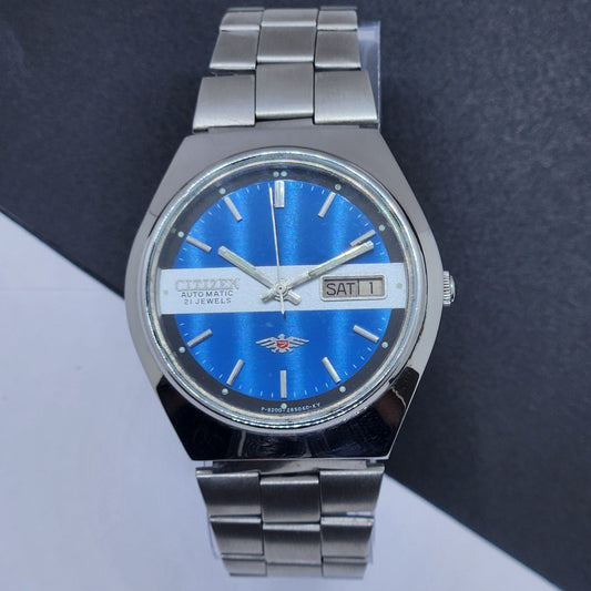 Vintage 1981 Original Citizen Automatic Cal. 8200 Blue Face 21 Jewels Day-Date Japanese Men's Wrist Watch EG66