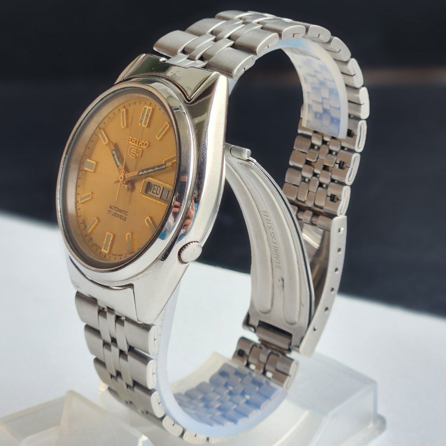 Vintage 1985 Original Seiko 5 Automatic 7009-8740 Golden Face 17 Jewels Day-Date Japanese Men's Wrist Watch EG93