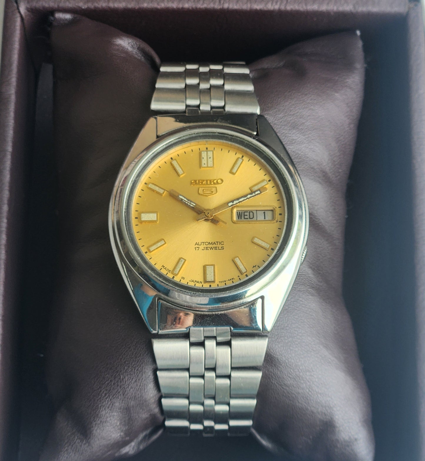Vintage 1985 Original Seiko 5 Automatic 7009-8740 Golden Face 17 Jewels Day-Date Japanese Men's Wrist Watch EG93