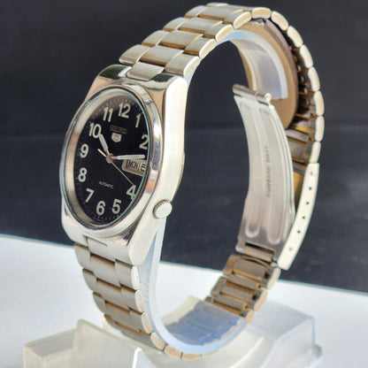 Vintage Original Seiko 5 Automatic 7S26-0550 Black Face 21 Jewels Exhibition Back Day-Date Japanese Men's Wrist Watch EG140