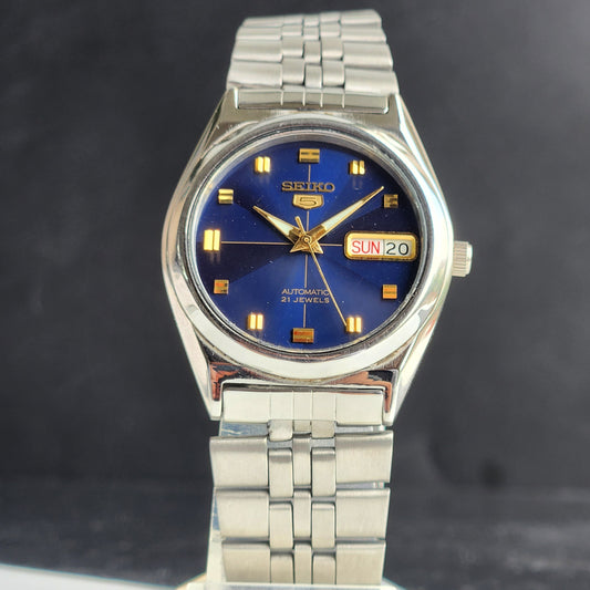 Vintage Original Seiko 5 Automatic 7S26 Blue Face 21 Jewels Exhibition Back Day-Date Japanese Men's Wrist Watch EG142