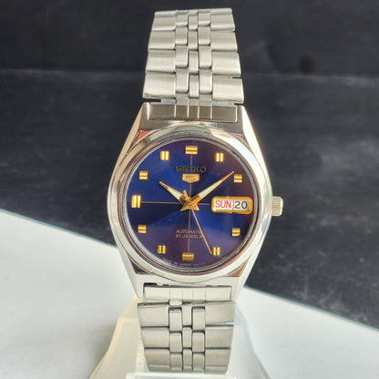 Vintage Original Seiko 5 Automatic 7S26 Blue Face 21 Jewels Exhibition Back Day-Date Japanese Men's Wrist Watch EG142