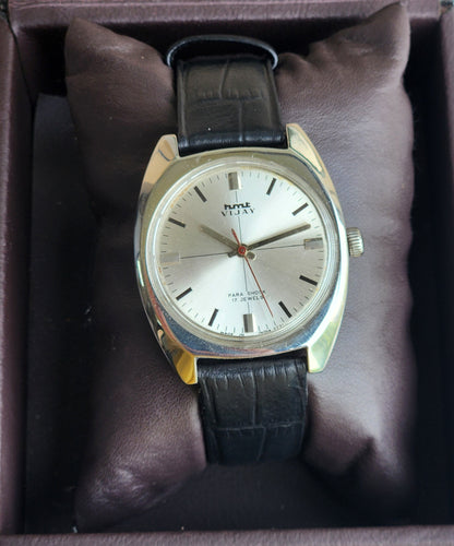 Vintage Original HMT Vijay Hand Winding 17 Jewels Silver Black Leather Strap Men's Wrist Watch G05