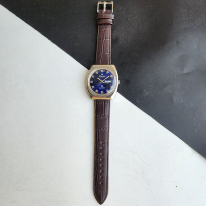Vintage Original Ricoh R31 Blue Face Automatic 21 Jewels Brown Croco Leather Strap Men's Wrist Watch G59