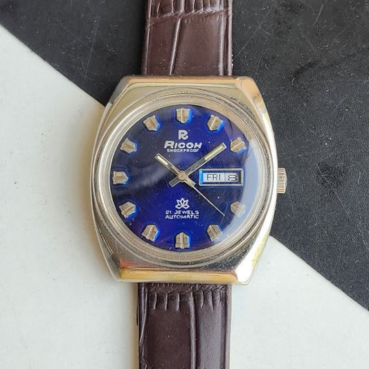 Vintage Original Ricoh R31 Blue Face Automatic 21 Jewels Brown Croco Leather Strap Men's Wrist Watch G59