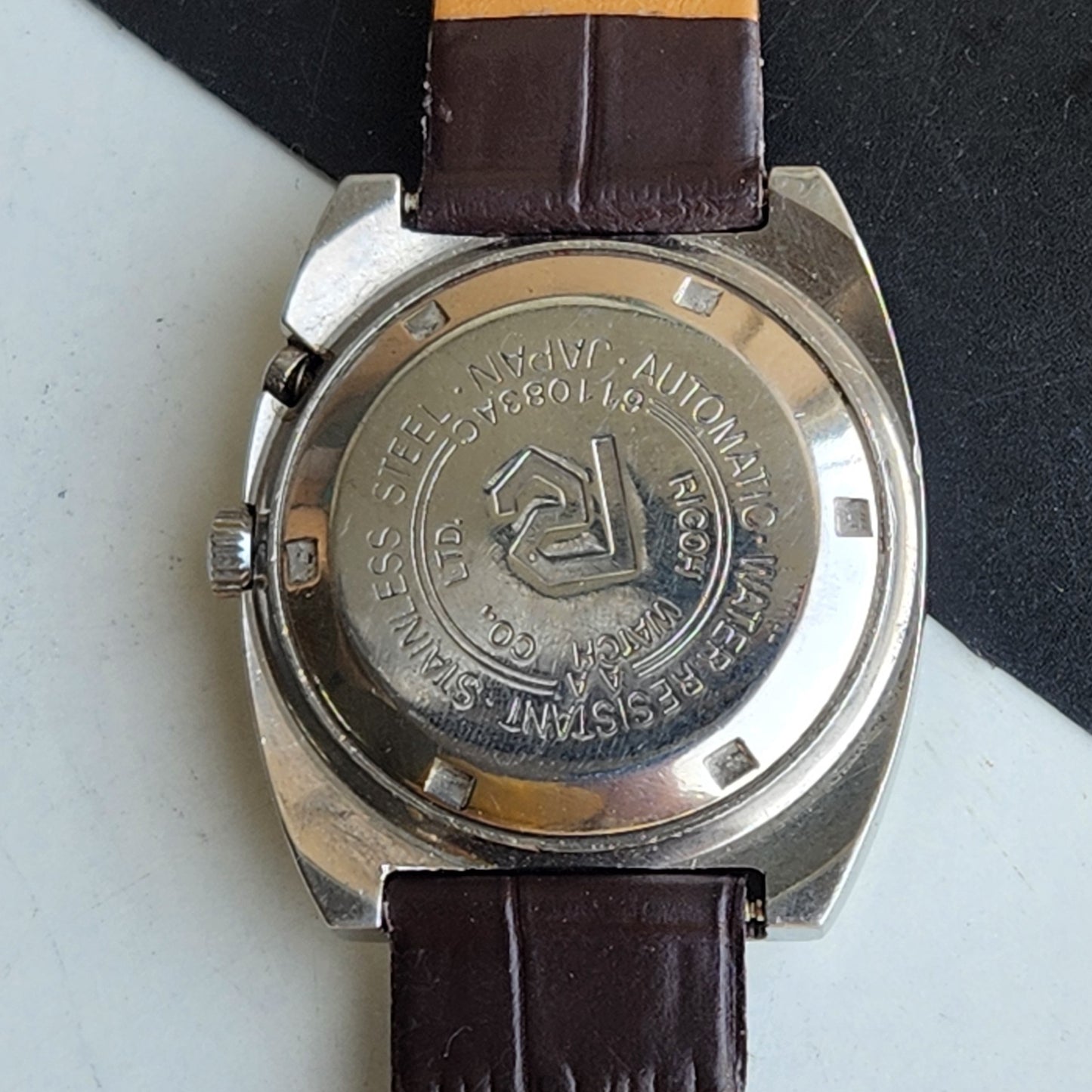 Vintage Original Ricoh R31 Blue Face Automatic 21 Jewels Brown Croco Leather Strap Men's Wrist Watch G59