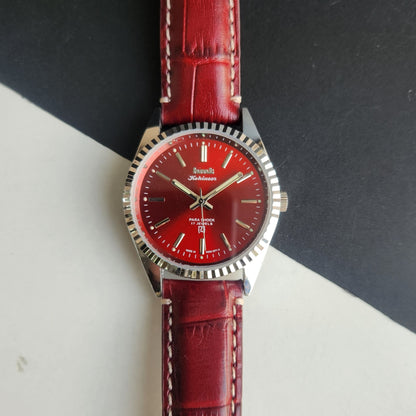 Vintage HMT Kohinoor Hand Winding 17 Jewels Red Face Fluted Bezel Red Leather strap Men's Wrist Watch G45