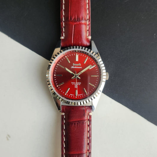 Vintage HMT Kohinoor Hand Winding 17 Jewels Red Face Fluted Bezel Red Leather strap Men's Wrist Watch G45