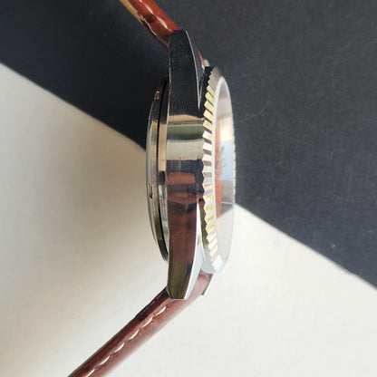 Vintage HMT Kohinoor Hand Winding 17 Jewels Peach Face Fluted Bezel Brown Leather strap Men's Wrist Watch G44