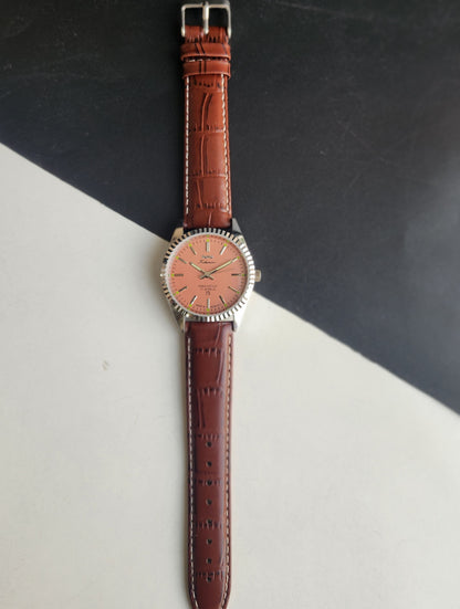 Vintage HMT Kohinoor Hand Winding 17 Jewels Peach Face Fluted Bezel Brown Leather strap Men's Wrist Watch G44